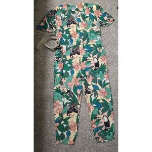 Carol anderson California jumpsuit 1980s jungle Toucan rayon Pockets L 13/14